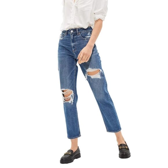 AE Stretch Mom Straight Jean Medium Distressed Wash Size 00 - Picture 1 of 9